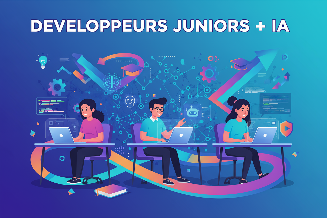 Crée une illustration pour ma formation dont le titre en français est "DEVELOPPEURS JUNIORS + IA”... varie les couleurs et écris le titre de la formation en Français