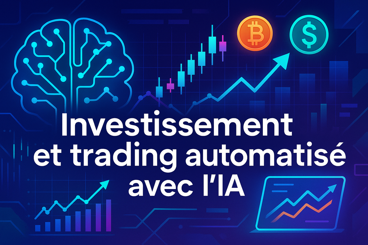 Crée une illustration pour ma formation dont le titre en français est "Investissement et trading automatisé avec l'IA"... varie les couleurs et écris le titre de la formation en français