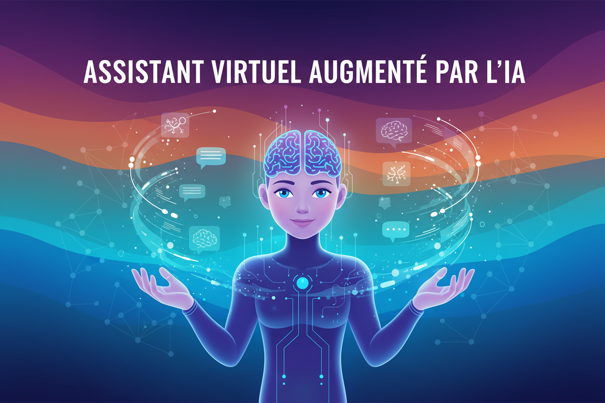 Crée une illustration pour ma formation dont le titre en français est "Assistant virtuel augmenté par l'IA"... varie les couleurs et écris le titre de la formation en français