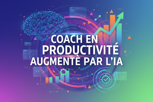 Crée une illustration pour ma formation dont le titre en français est "COACH EN PRODUCTIVITE AUGMENTE PAR L’IA”... varie les couleurs et écris le titre de la formation en français