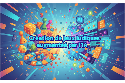 Crée une illustration pour ma formation dont le titre en français est "Création de jeux ludiques augmentée par l'IA"... varie les couleurs et écris le titre de la formation en français
