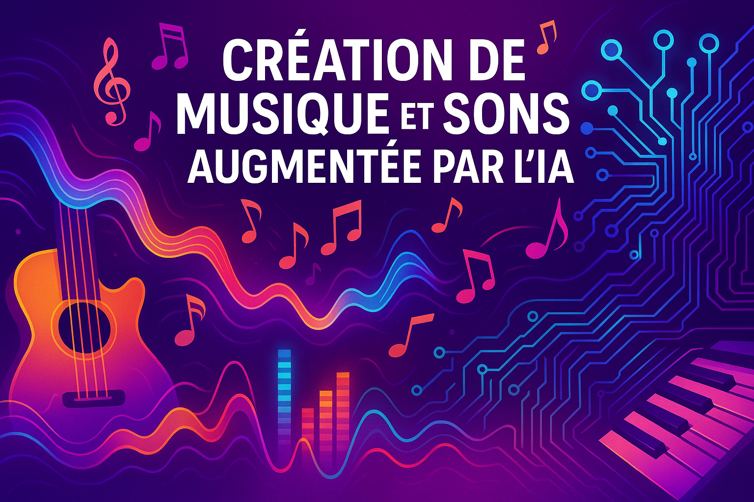 Crée une illustration pour ma formation dont le titre en français est "Création de Musique et Sons Augmentée par l'IA"... varie les couleurs et écris le titre de la formation en français
