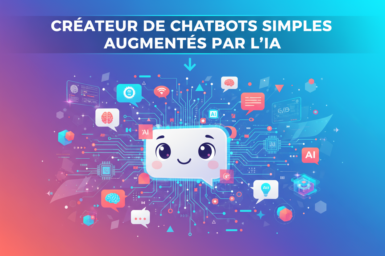 Crée une illustration pour ma formation dont le titre en français est "CREATEUR DE CHATBOTS SIMPLES AUGMENTES PAR L’IA”... varie les couleurs et écris le titre de la formation en Français