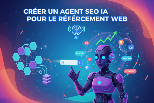 Crée une illustration pour ma formation dont le titre en français est "CREER UN AGENT SEO IA POUR LE REFERENCEMENT WEB”... varie les couleurs et écris le titre de la formation en français