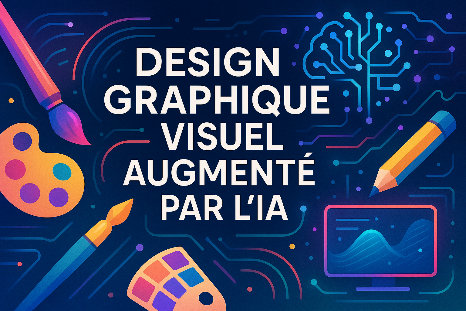 Crée une illustration pour ma formation dont le titre en français est "Design Graphique Visuel Augmenté par l'IA"... varie les couleurs et écris le titre de la formation en français