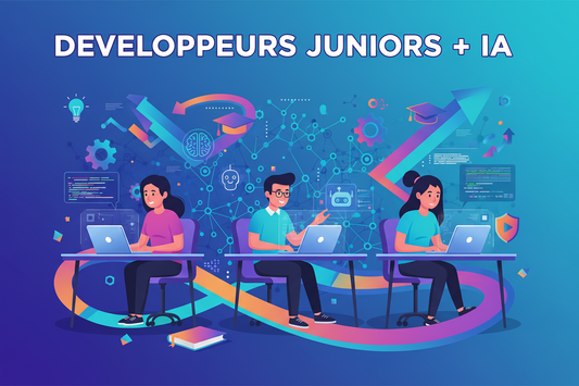 Crée une illustration pour ma formation dont le titre en français est "DEVELOPPEURS JUNIORS + IA”... varie les couleurs et écris le titre de la formation en Français