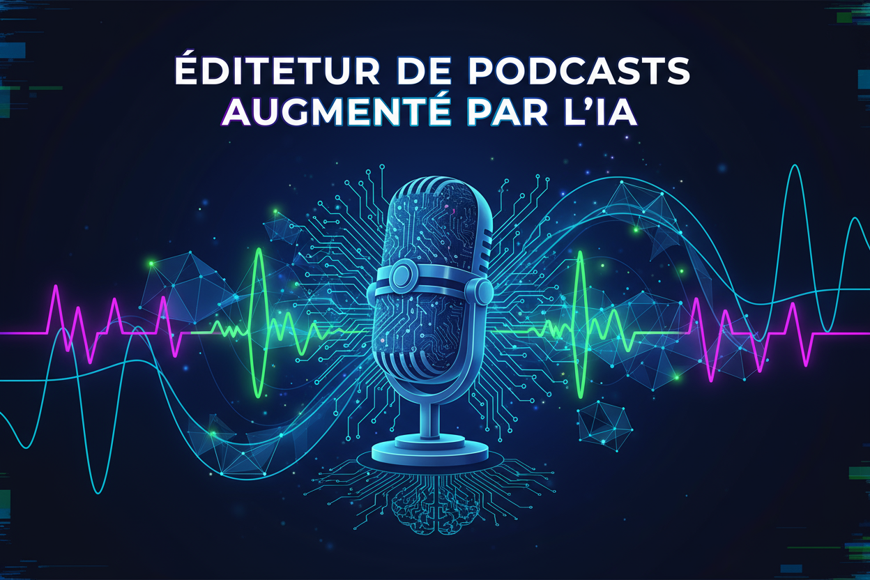 Crée une illustration pour ma formation dont le titre en français est "ÉDITEUR DE PODCASTS AUGMENTÉ PAR L’IA”... change les couleurs et écris le titre de la formation en Français
