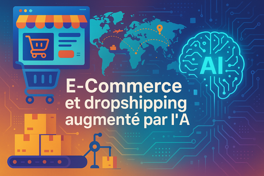 Crée une illustration pour ma formation dont le titre en français est "E-Commerce et dropshipping augmenté par l'IA"... varie les couleurs et écris le titre de la formation en français