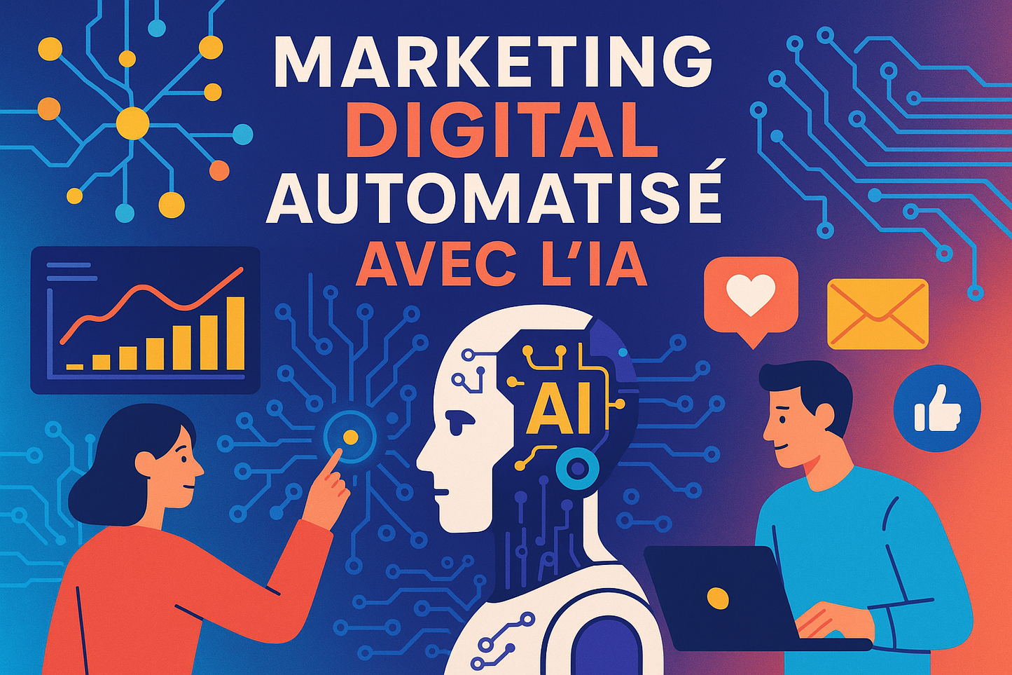 Crée une illustration pour ma formation dont le titre en français est "Marketing Digital Automatisé avec l'IA"... varie les couleurs et écris le titre de la formation en français