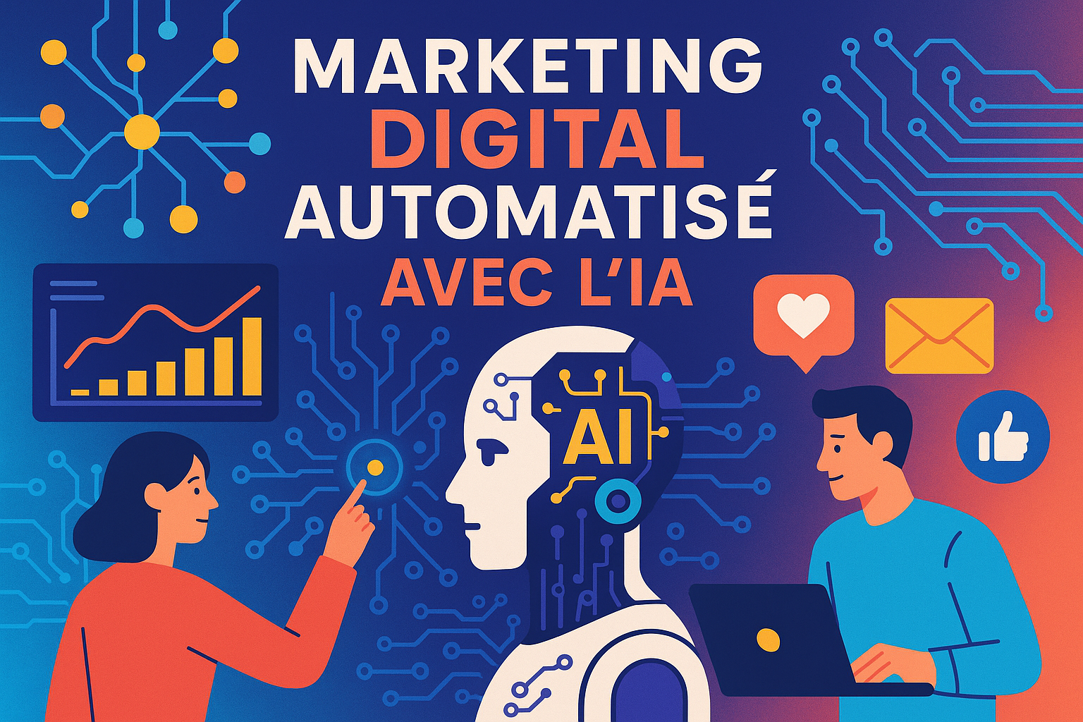 Crée une illustration pour ma formation dont le titre en français est "Marketing Digital Automatisé avec l'IA"... varie les couleurs et écris le titre de la formation en français