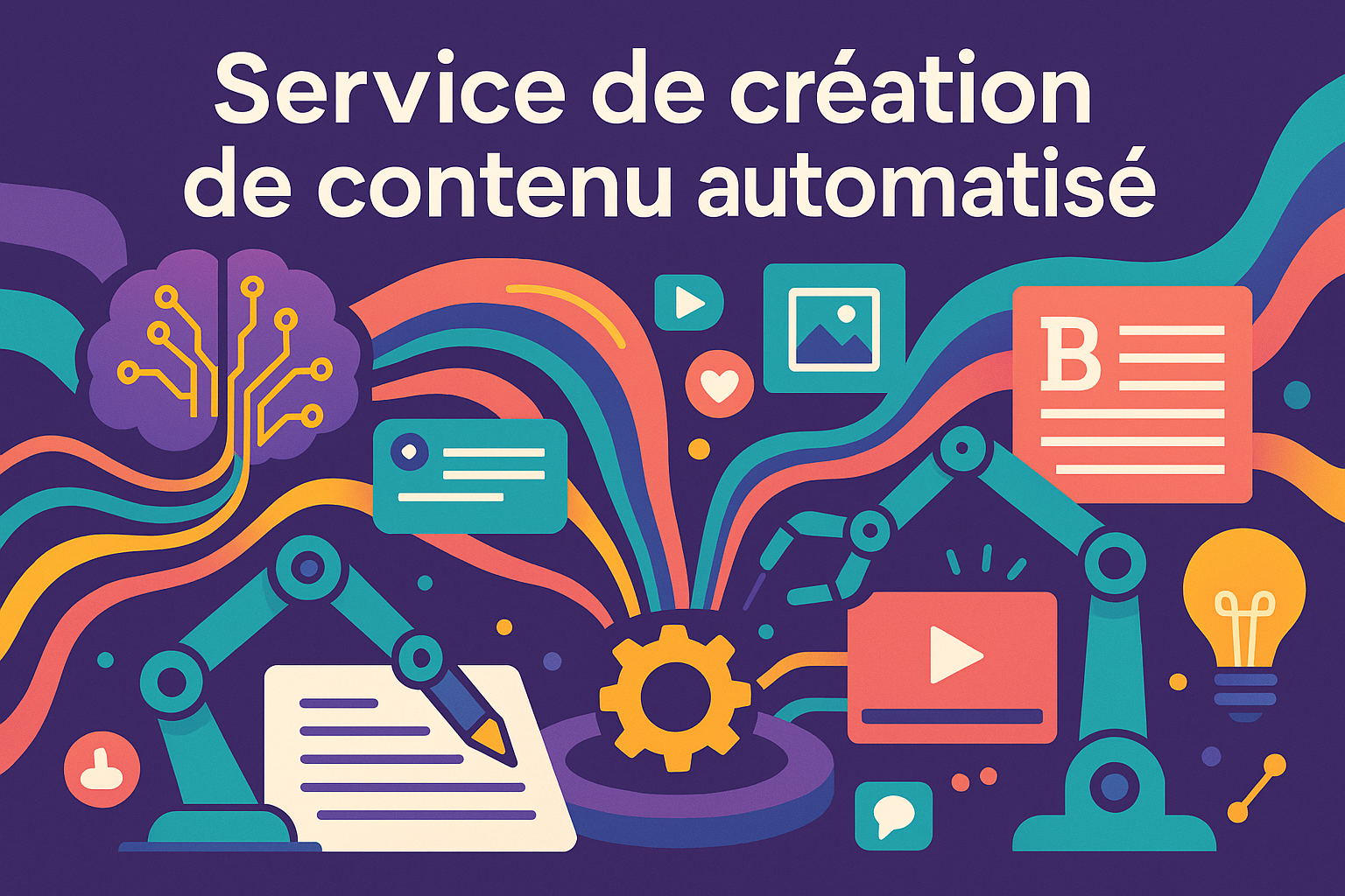 Crée une illustration pour ma formation dont le titre en français est "Service de création de contenu automatisé"... varie les couleurs et écris le titre de la formation en français