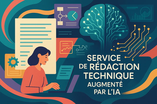 Crée une illustration pour ma formation dont le titre en français est "Service de Rédaction Technique Augmenté par l'IA"... varie les couleurs et écris le titre de la formation en français