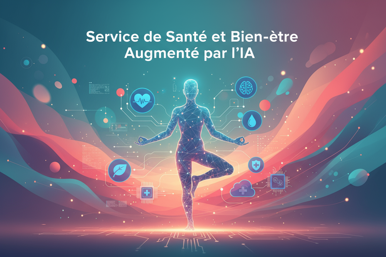 Crée une illustration pour ma formation dont le titre en français est "Service de Santé et Bien-être Augmenté par l'IA"... varie les couleurs et écris le titre de la formation en français